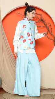 BLUE FLORAL SIDE BUTTON VEST with  PANTS SET