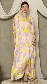 Yellow Pink Short Sleeve Abstract Kaftan