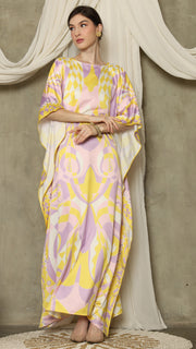 Yellow Pink Short Sleeve Abstract Kaftan