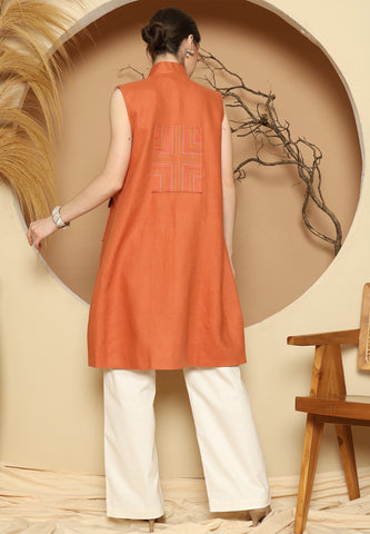 Orange Linen Vest With Detail Stich