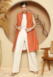 Orange Linen Vest With Detail Stich