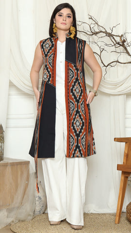 Brown Patch Handwoven Ikat Vest