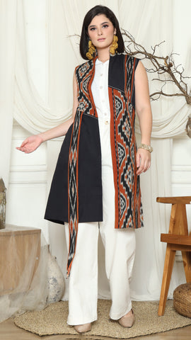 Brown Patch Handwoven Ikat Vest