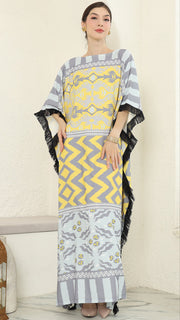 Yellow Grey Ikat Fringe Short Kaftan