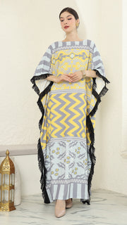 Yellow Grey Ikat Fringe Short Kaftan