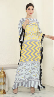 Yellow Grey Ikat Fringe Short Kaftan