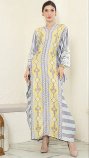 Yellow Grey Ikat Long Kaftan