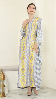 Yellow Grey Ikat Long Kaftan