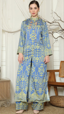 Blue Lime Songket Long Tunic Pants Set