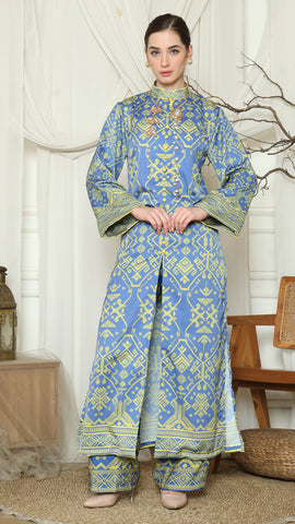 Blue Lime Songket Long Tunic Pants Set