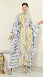 Yellow Grey Ikat Long Kaftan