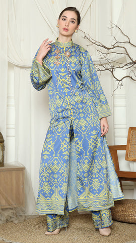 Blue Lime Songket Long Tunic Pants Set