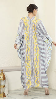 Yellow Grey Ikat Long Kaftan