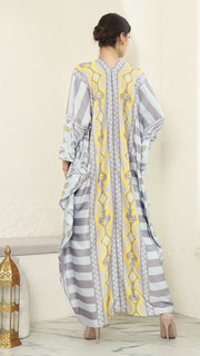 Yellow Grey Ikat Long Kaftan