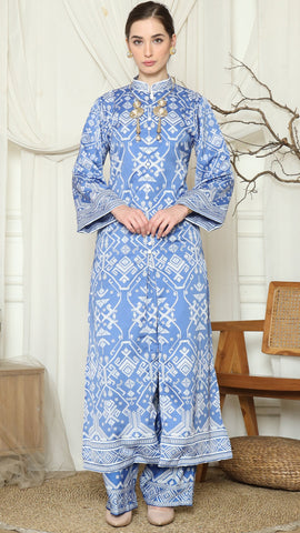 Blue Songket Long Tunic Pants Set