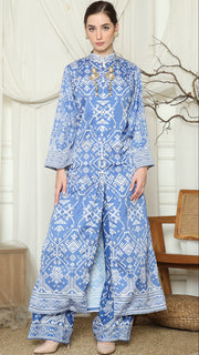 Blue Songket Long Tunic Pants Set