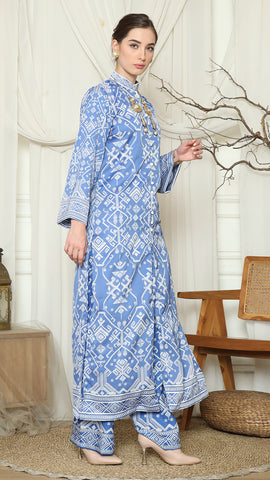 Blue Songket Long Tunic Pants Set