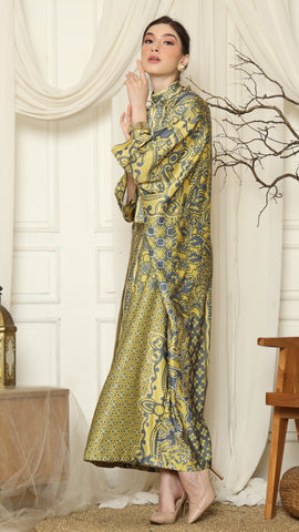 Green Grey Flower High Collar Long Kaftan