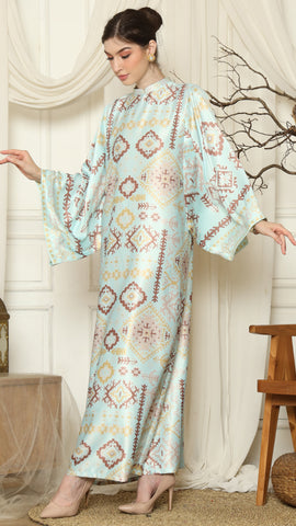 Aqua Ikat Gold Long Sleeve Dress