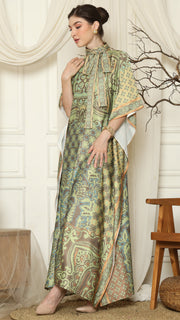 Green Orange Flower High Collar Short Kaftan