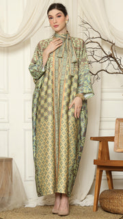 Green Orange Flower High Collar Long Kaftan