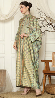 Green Orange Flower High Collar Long Kaftan