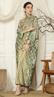 Green Orange Flower High Collar Long Kaftan