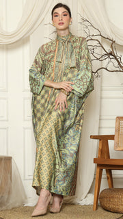 Green Orange Flower High Collar Long Kaftan