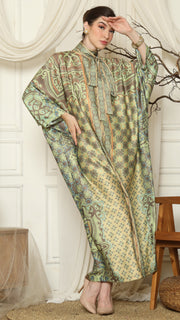 Green Orange Flower High Collar Long Kaftan