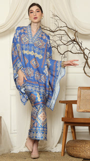 Blue Ikat Gold V-neck Sarong Set