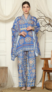 Blue Ikat Gold V-neck Pant Set