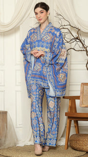 Blue Ikat Gold V-neck Pant Set