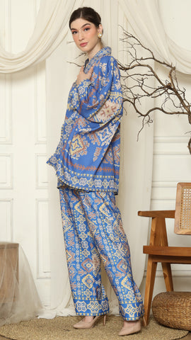 Blue Ikat Gold V-neck Pant Set