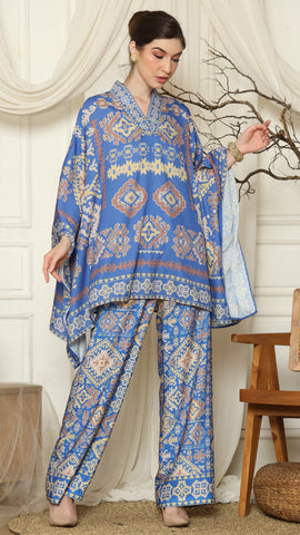 Blue Ikat Gold V-neck Pant Set