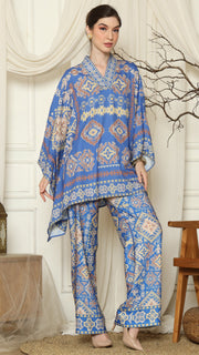 Blue Ikat Gold V-neck Pant Set