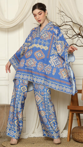 Blue Ikat Gold V-neck Pant Set