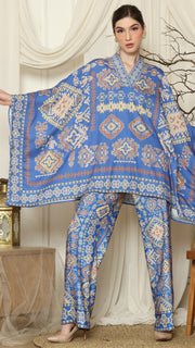 Blue Ikat Gold V-neck Pant Set