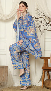 Blue Ikat Gold V-neck Pant Set