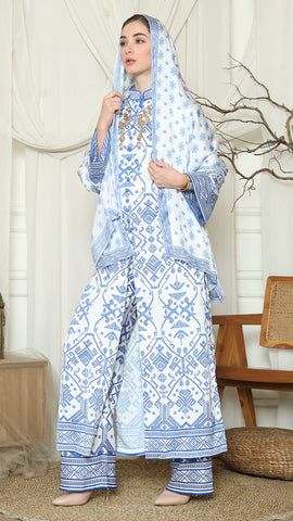 Blue White Songket Long Tunic Pants Set