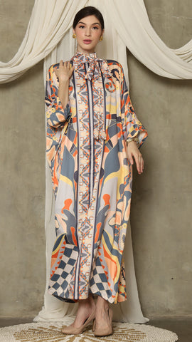 Grey Abstract High Collar Long Kaftan