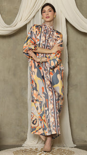 Grey Abstract High Collar Long Kaftan