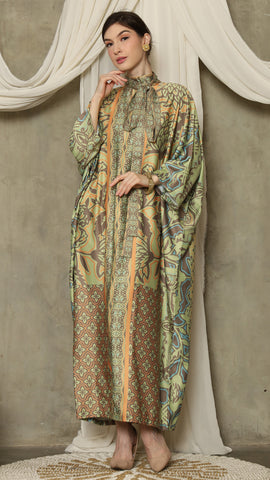 Green Orange Flower High Collar Long Kaftan