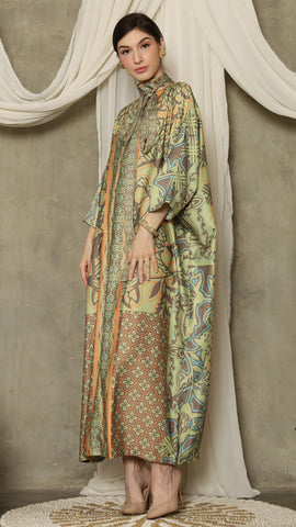 Green Orange Flower High Collar Long Kaftan