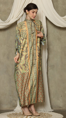 Green Orange Flower High Collar Long Kaftan