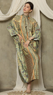 Green Orange Flower High Collar Long Kaftan