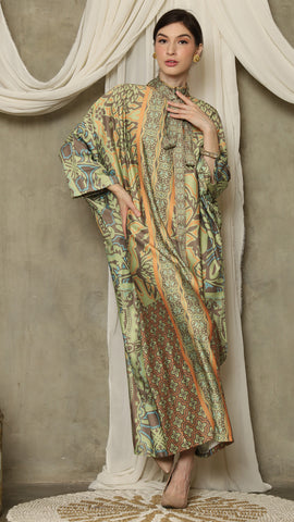 Green Orange Flower High Collar Long Kaftan