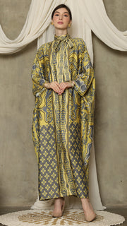 Green Grey Flower High Collar Long Kaftan