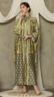 Green Grey Flower High Collar Long Kaftan