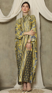 Green Grey Flower High Collar Long Kaftan