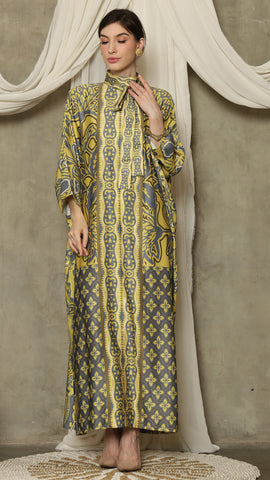 Green Grey Flower High Collar Long Kaftan